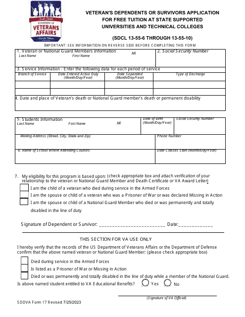 SDDVA Form 17 Veteran's Dependents or Survivors Application for Free Tuition at State Supported Universities and Technical Colleges - South Dakota