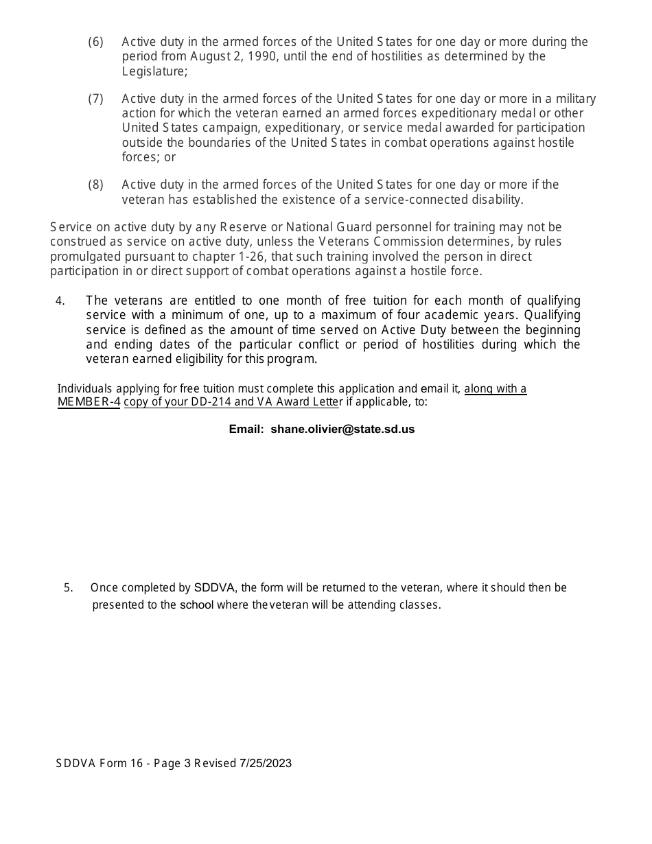 SDDVA Form 16 Veterans Application for Free Tuition at State Supported Universities and Technical Colleges - South Dakota, Page 3
