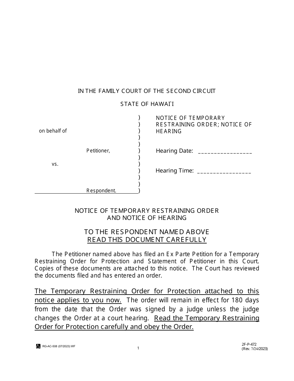 Form 2F-P-472 Notice of Temporary Restraining Order and Notice of Hearing - Hawaii, Page 1