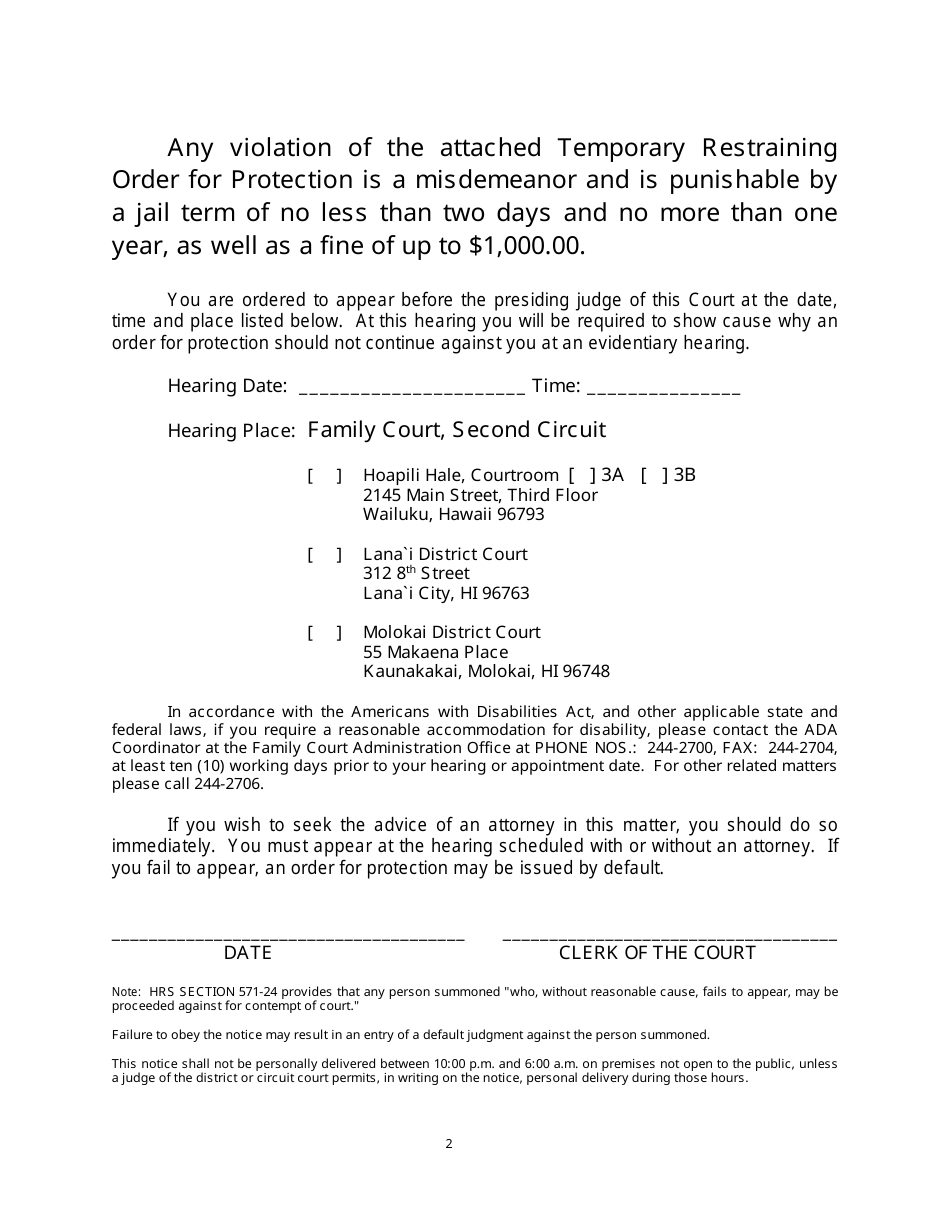 Form 2F-P-472 Notice of Temporary Restraining Order and Notice of Hearing - Hawaii, Page 2