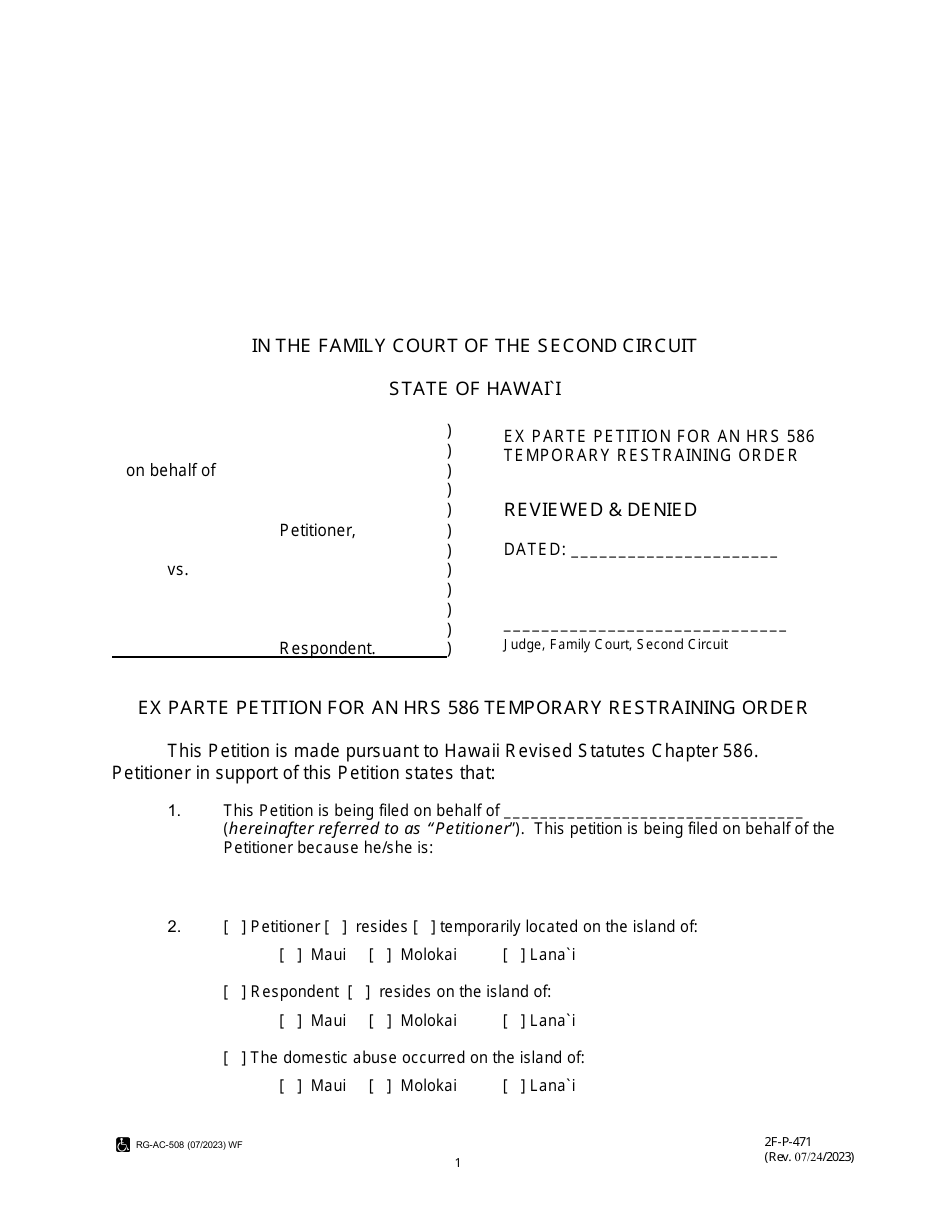 Form 2F-P-471 Ex Parte Petition for an Hrs 586 Temporary Restraining Order - Hawaii, Page 1