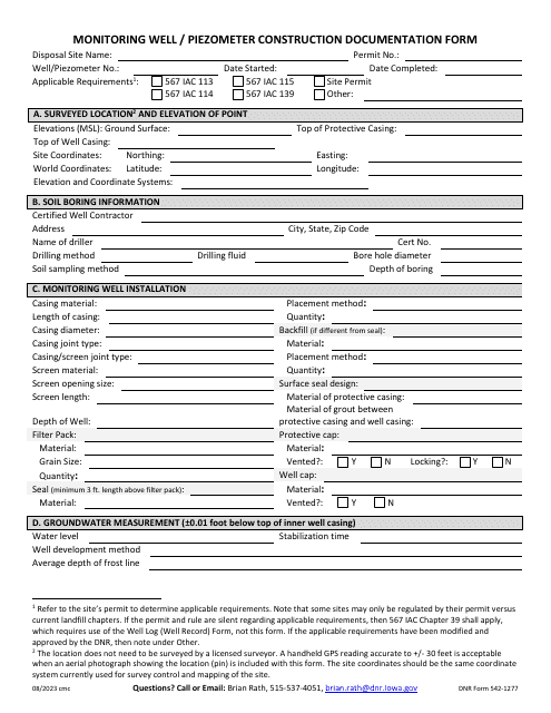 DNR Form 542-1277 Monitoring Well/Piezometer Construction Documentation Form - Iowa