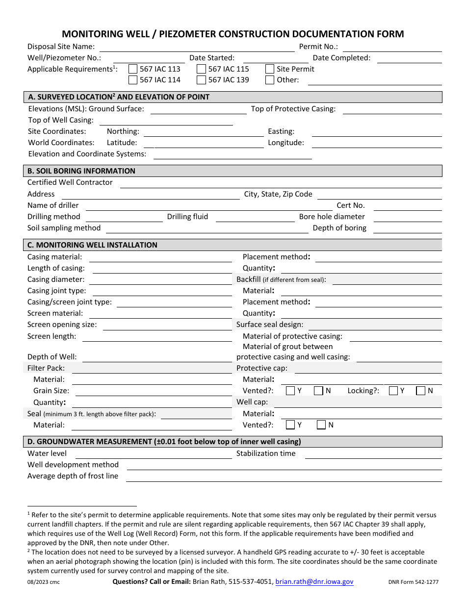 DNR Form 542-1277 Monitoring Well / Piezometer Construction Documentation Form - Iowa, Page 1