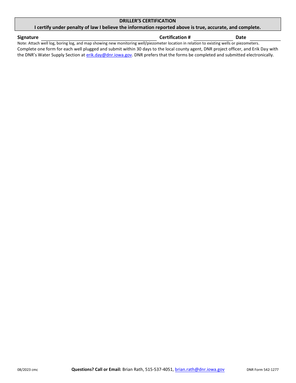 DNR Form 542-1277 Monitoring Well / Piezometer Construction Documentation Form - Iowa, Page 2