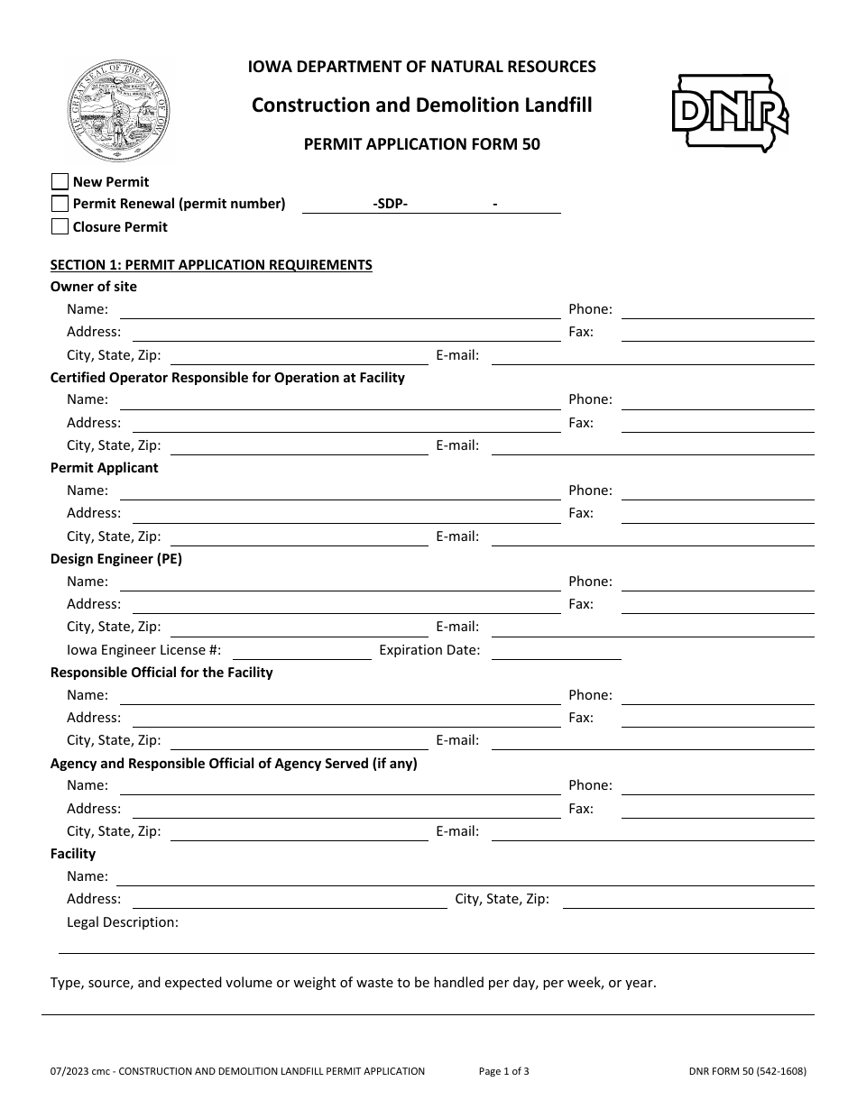 DNR Form 50 (542-1608) Construction and Demolition Landfill Permit Application Form - Iowa, Page 1