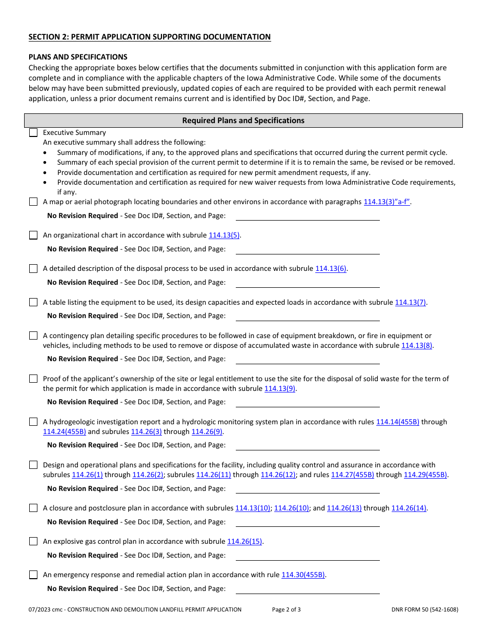 DNR Form 50 (542-1608) Construction and Demolition Landfill Permit Application Form - Iowa, Page 2