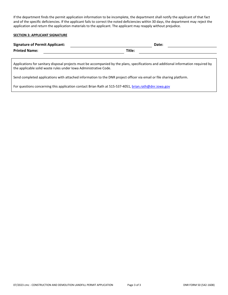 DNR Form 50 (542-1608) Construction and Demolition Landfill Permit Application Form - Iowa, Page 3