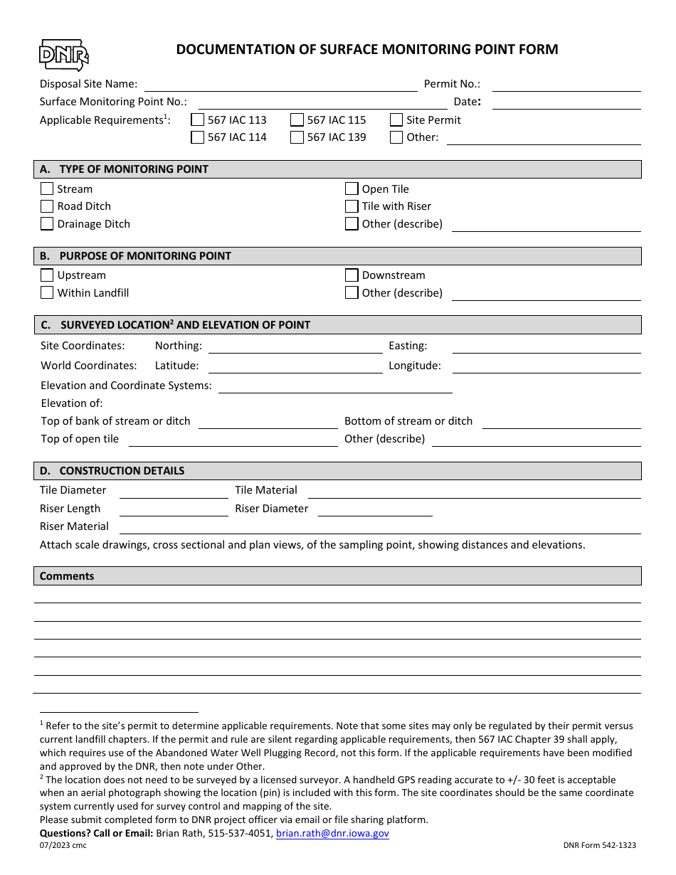DNR Form 542-1323 Documentation of Surface Monitoring Point Form - Iowa, Page 1