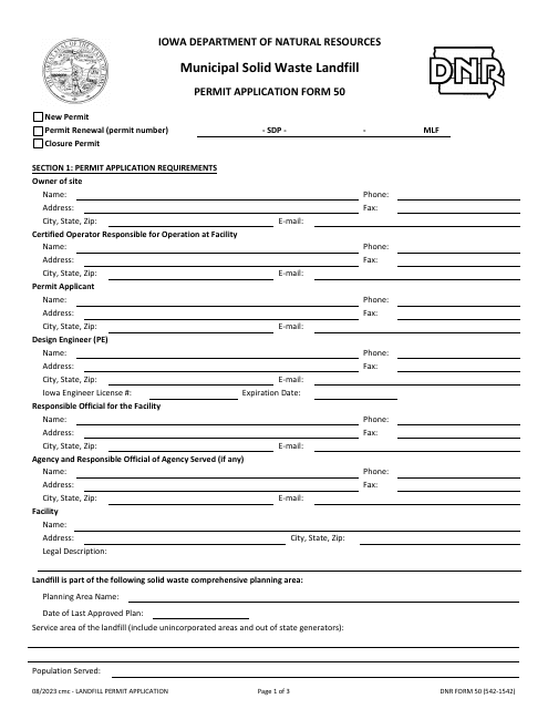 DNR Form 50 (542-1542) Municipal Solid Waste Landfill Permit Application Form - Iowa
