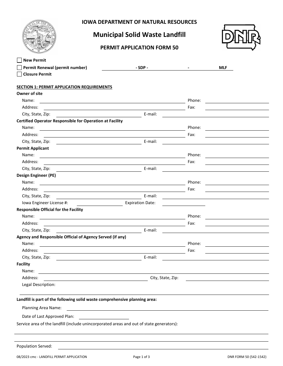 DNR Form 50 (542-1542) Municipal Solid Waste Landfill Permit Application Form - Iowa, Page 1
