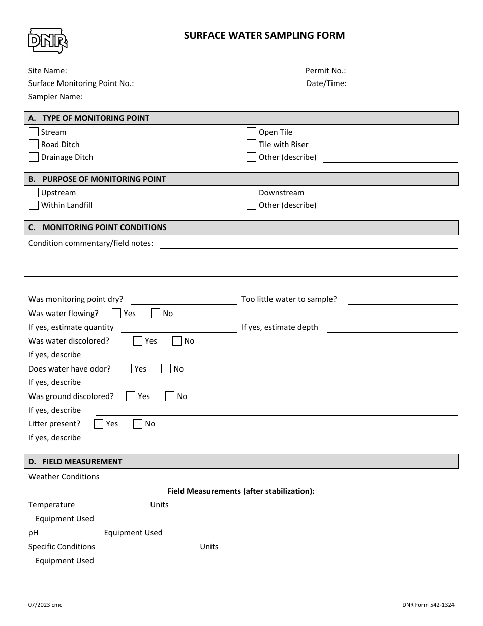 DNR Form 542-1324 Surface Water Sampling Form - Iowa, Page 1