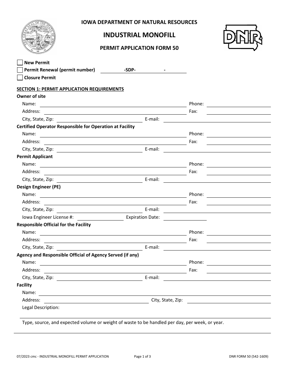 DNR Form 50 (542-1609) Industrial Monofill Permit Application Form - Iowa, Page 1