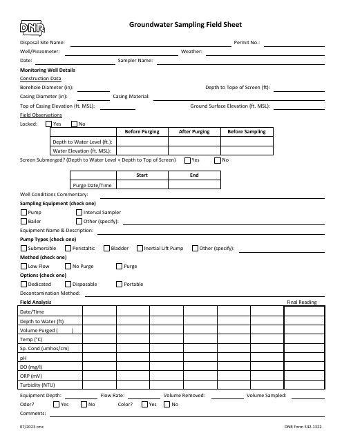 DNR Form 542-1322 Groundwater Sampling Field Sheet - Iowa