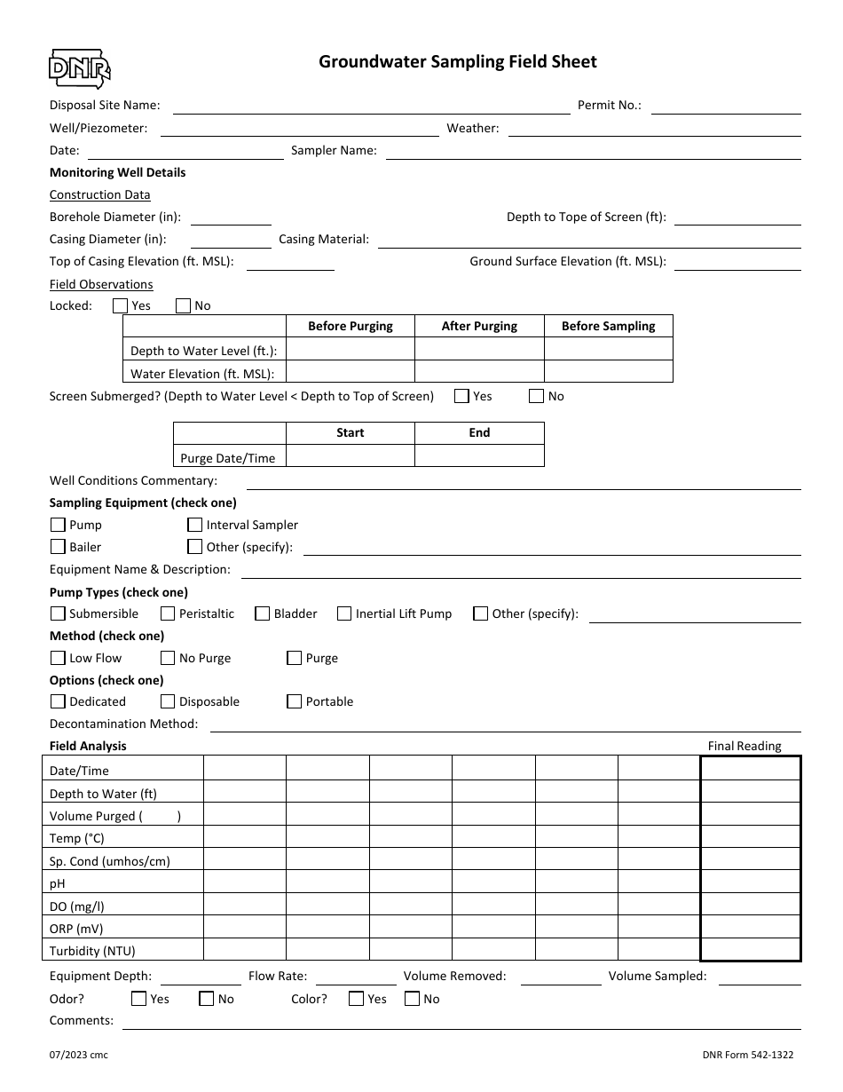 DNR Form 542-1322 Groundwater Sampling Field Sheet - Iowa, Page 1