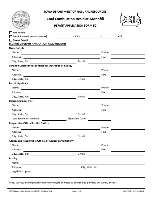DNR Form 50 (542-1600) Coal Combustion Residue Monofill Permit Application Form - Iowa