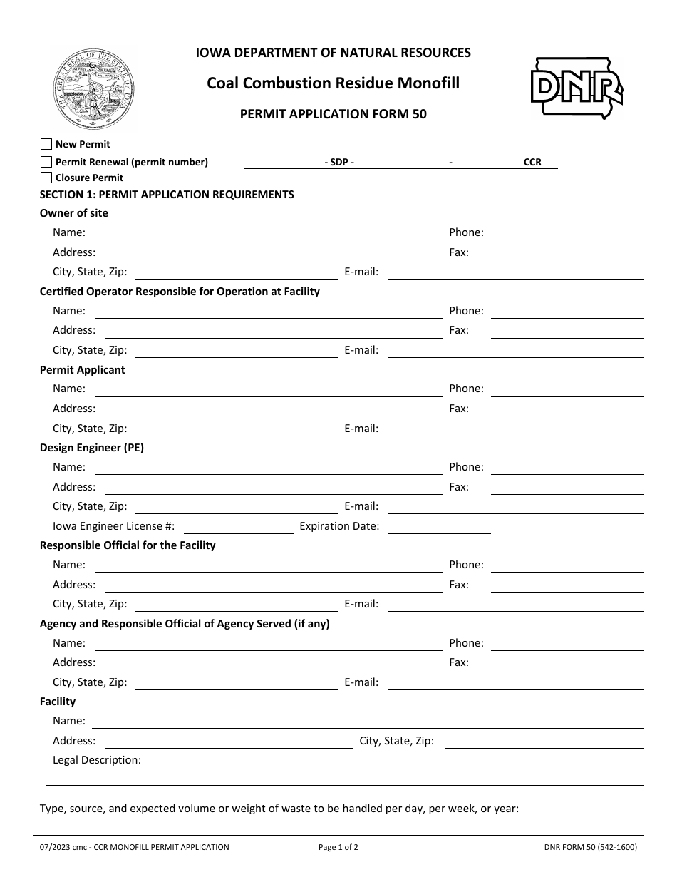 DNR Form 50 (542-1600) Coal Combustion Residue Monofill Permit Application Form - Iowa, Page 1