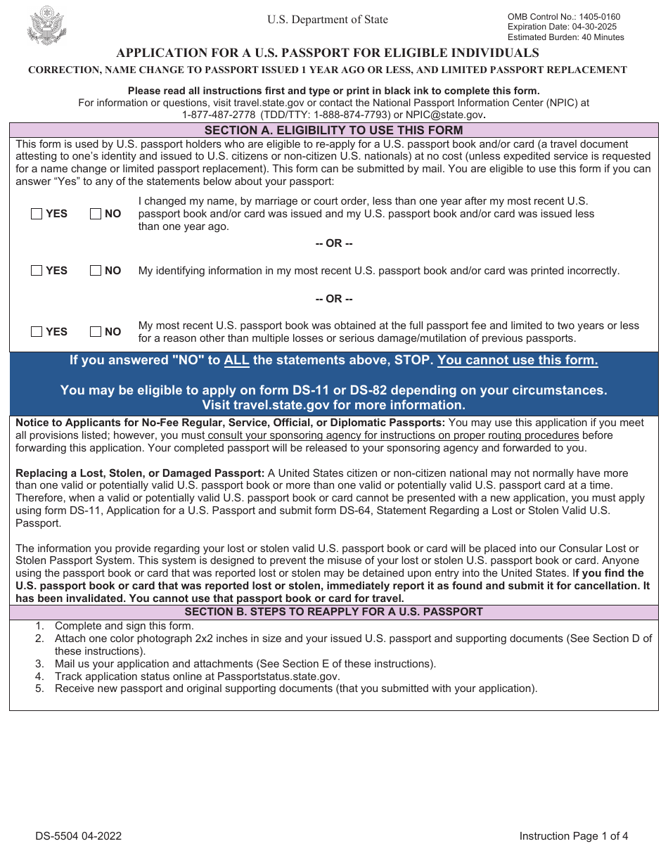Form DS-5504 Application for a U.S. Passport for Eligible Individuals - Correction, Name Change to Passport Issued 1 Year Ago or Less, and Limited Passport Replacement, Page 1