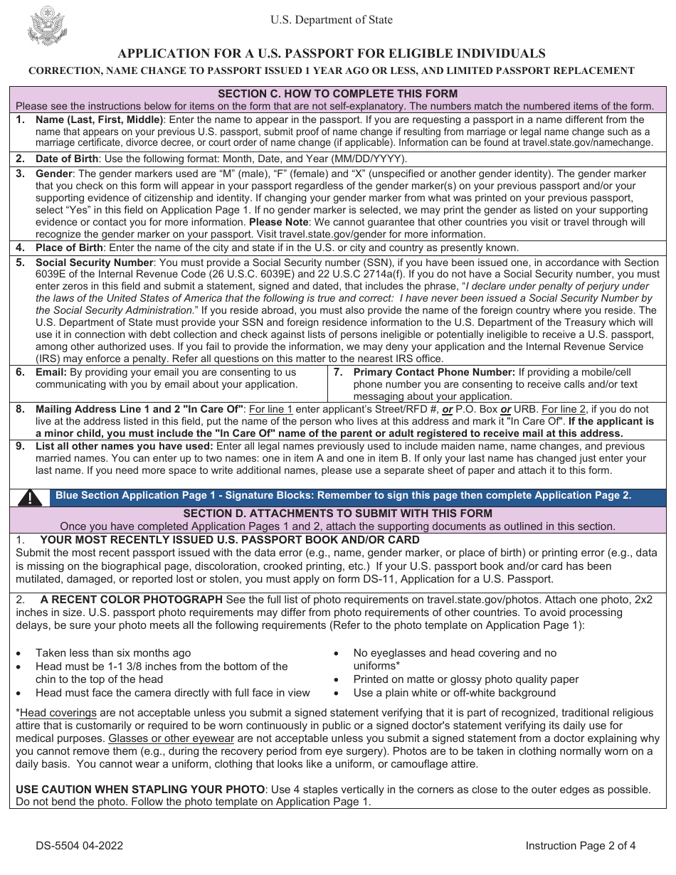 Form Ds 5504 Download Fillable Pdf Or Fill Online Application For A Us Passport For Eligible 3875