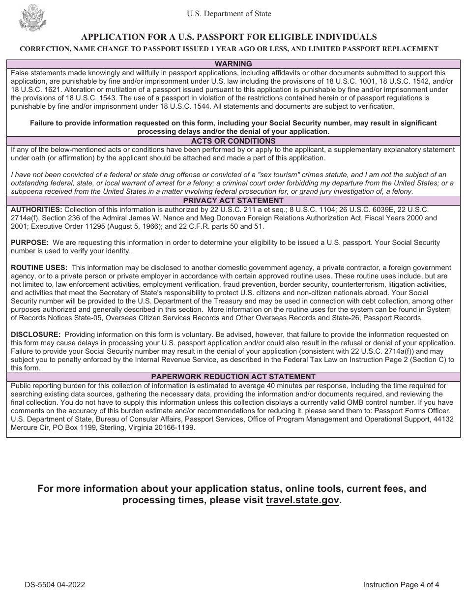 Form DS-5504 Application for a U.S. Passport for Eligible Individuals - Correction, Name Change to Passport Issued 1 Year Ago or Less, and Limited Passport Replacement, Page 4