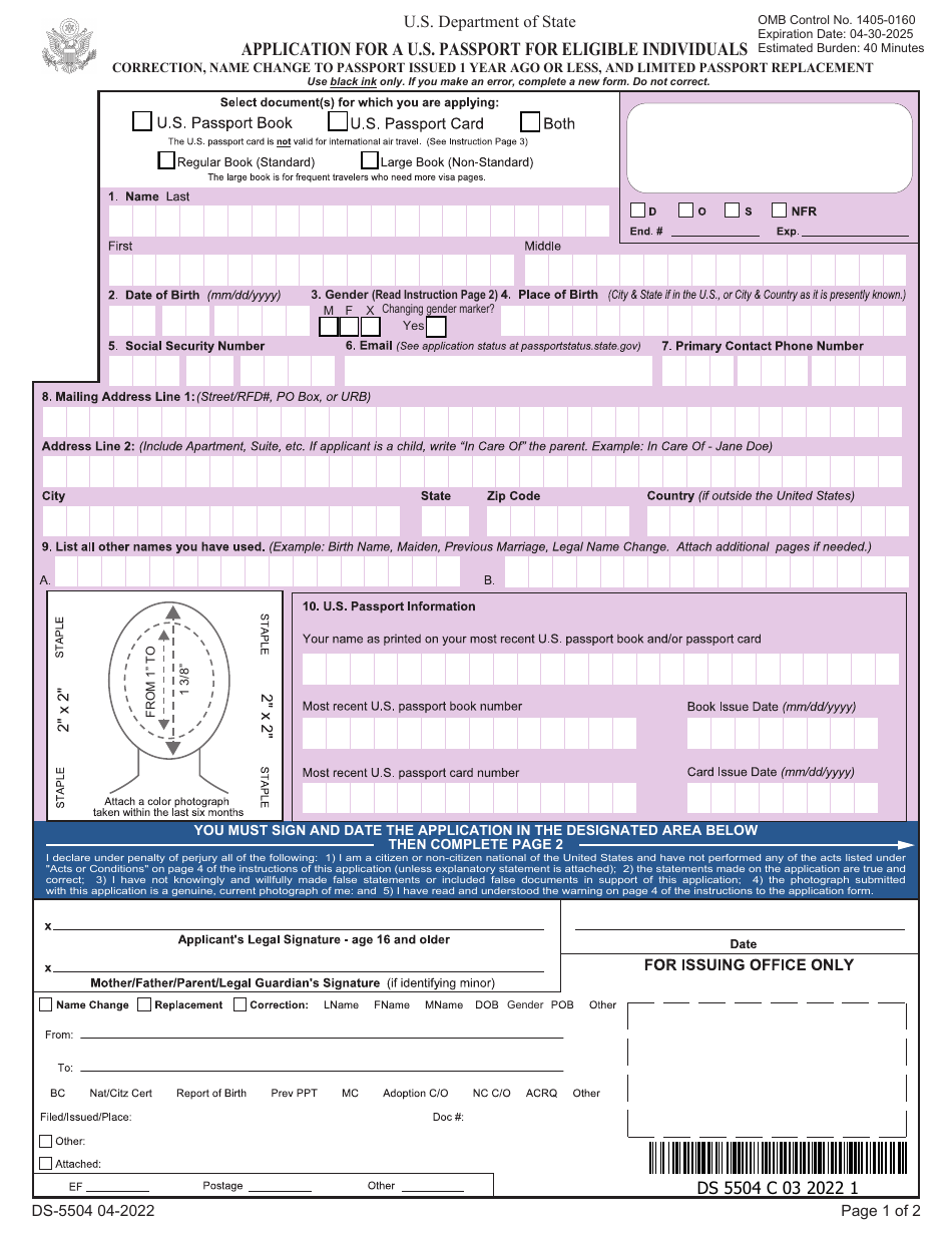 Form DS5504 Download Fillable PDF or Fill Online Application for a U.S