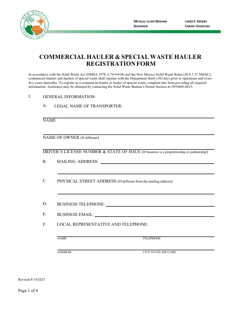 Commercial Hauler & Special Waste Hauler Registration Form - New Mexico Download Pdf
