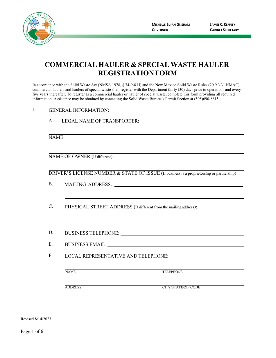 Commercial Hauler  Special Waste Hauler Registration Form - New Mexico, Page 1