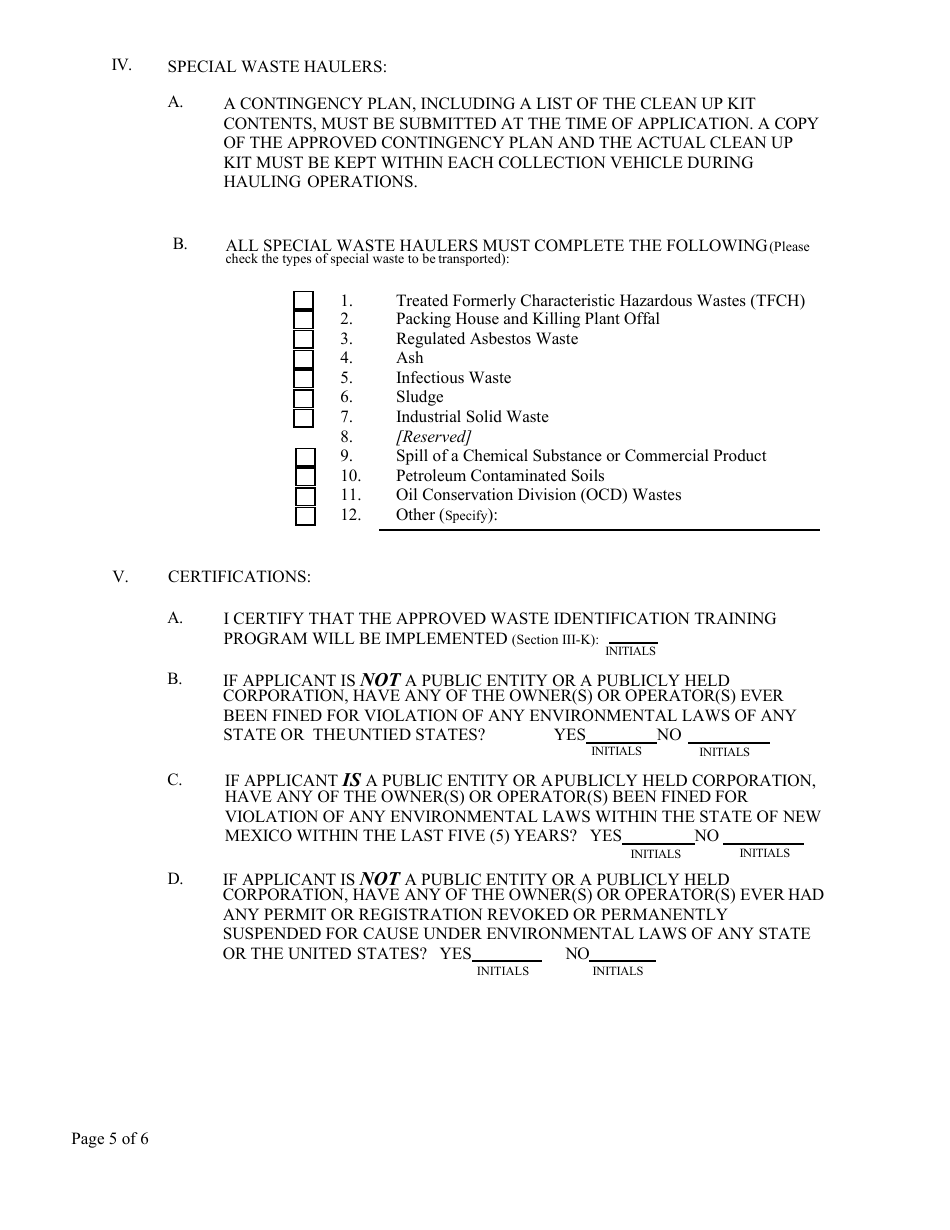 Commercial Hauler  Special Waste Hauler Registration Form - New Mexico, Page 5
