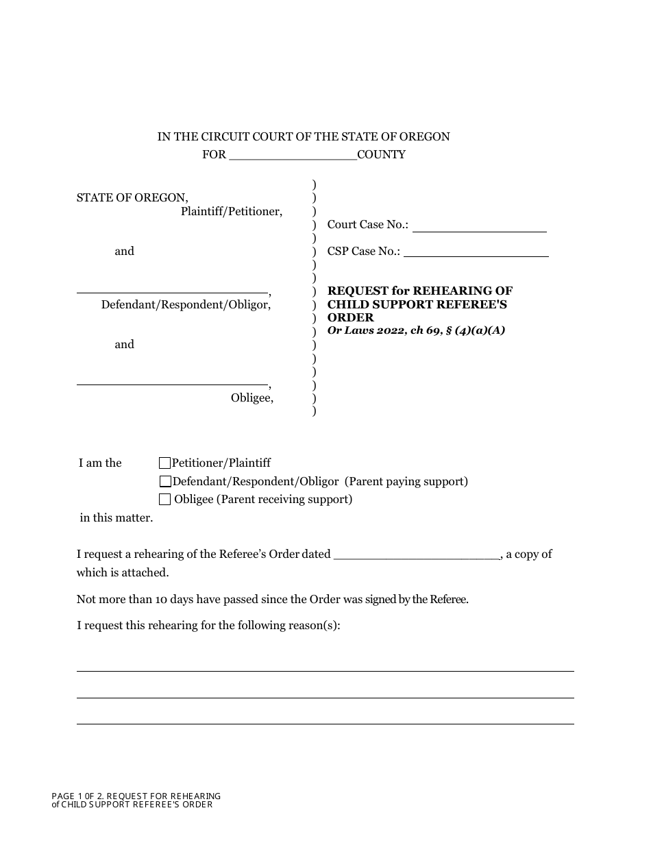 Request for Rehearing of Child Support Referees Order - Oregon, Page 1