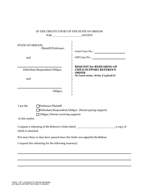 Request for Rehearing of Child Support Referee's Order - Oregon Download Pdf