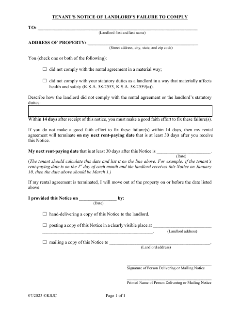 Tenant's Notice of Landlord's Failure to Comply - Kansas Download Pdf