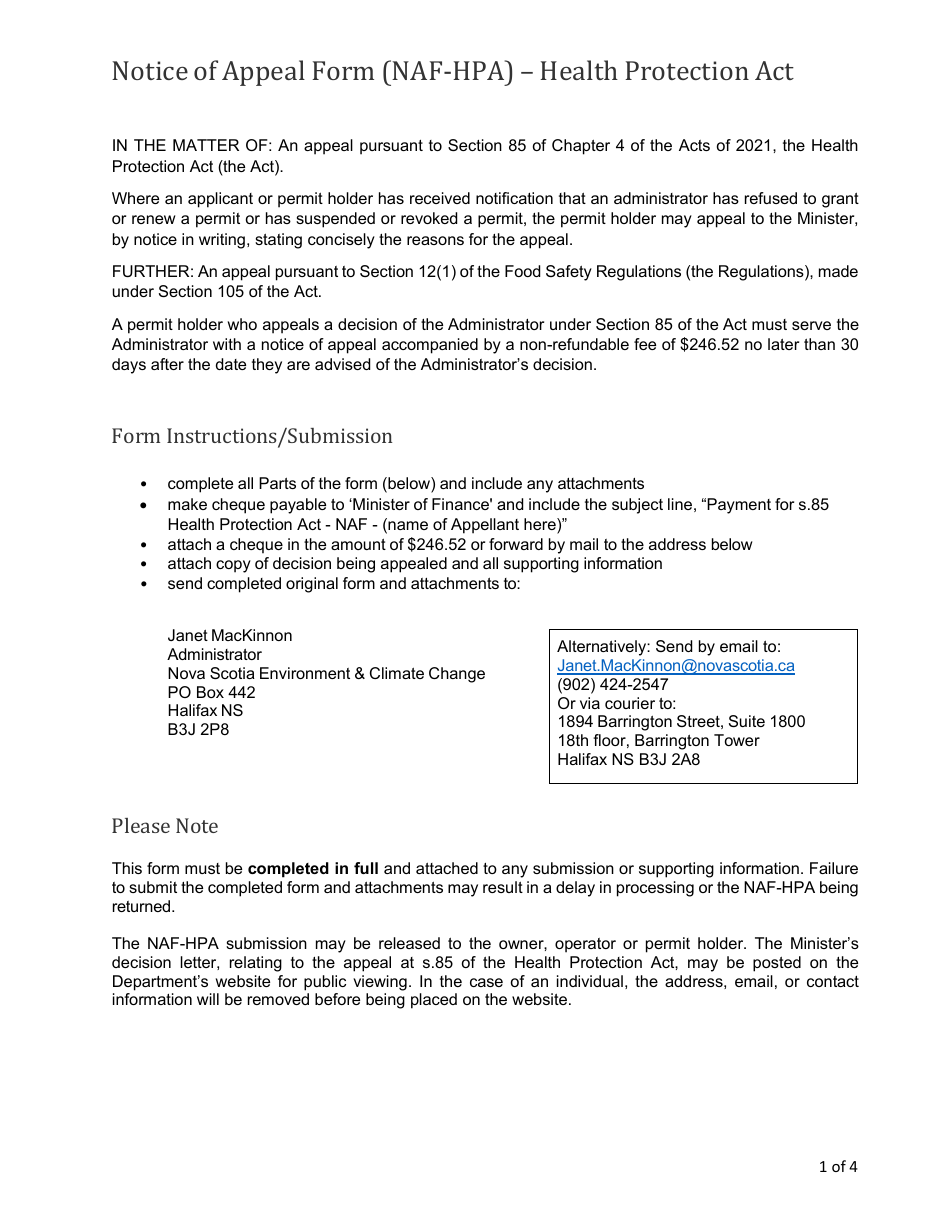 Nova Scotia Canada Notice Of Appeal Form NAF Hpa Health Protection   Notice Of Appeal Form Naf Hpa Health Protection Act Nova Scotia Canada Print Big 