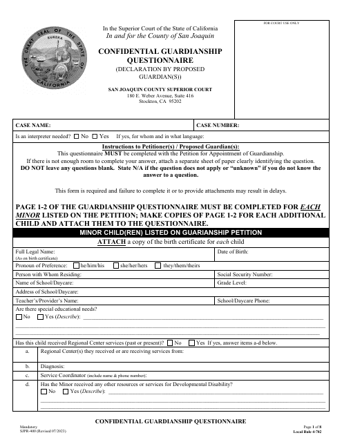 Form SJPR-400 Confidential Guardianship Questionnaire - County of San Joaquin, California