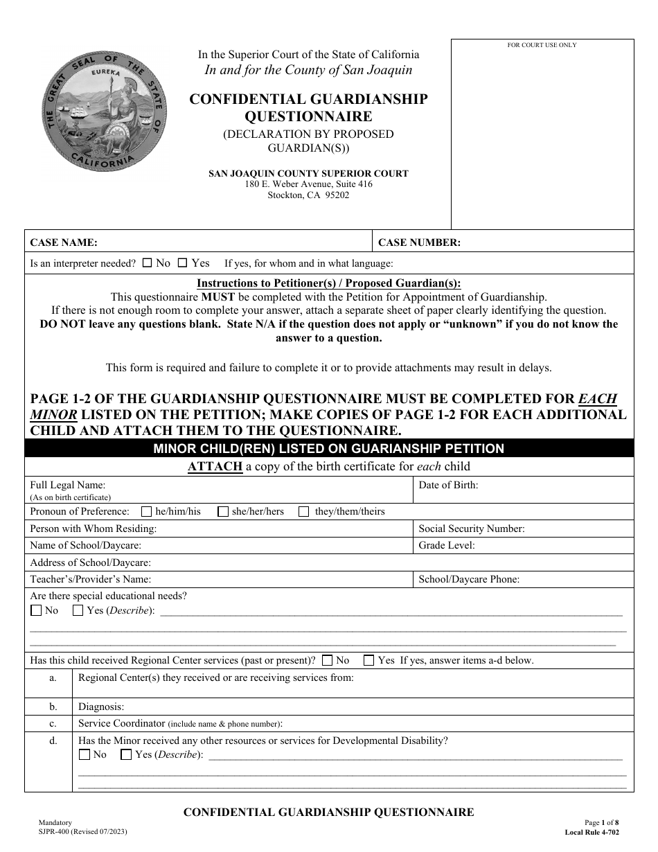 Form SJPR-400 Confidential Guardianship Questionnaire - County of San Joaquin, California, Page 1
