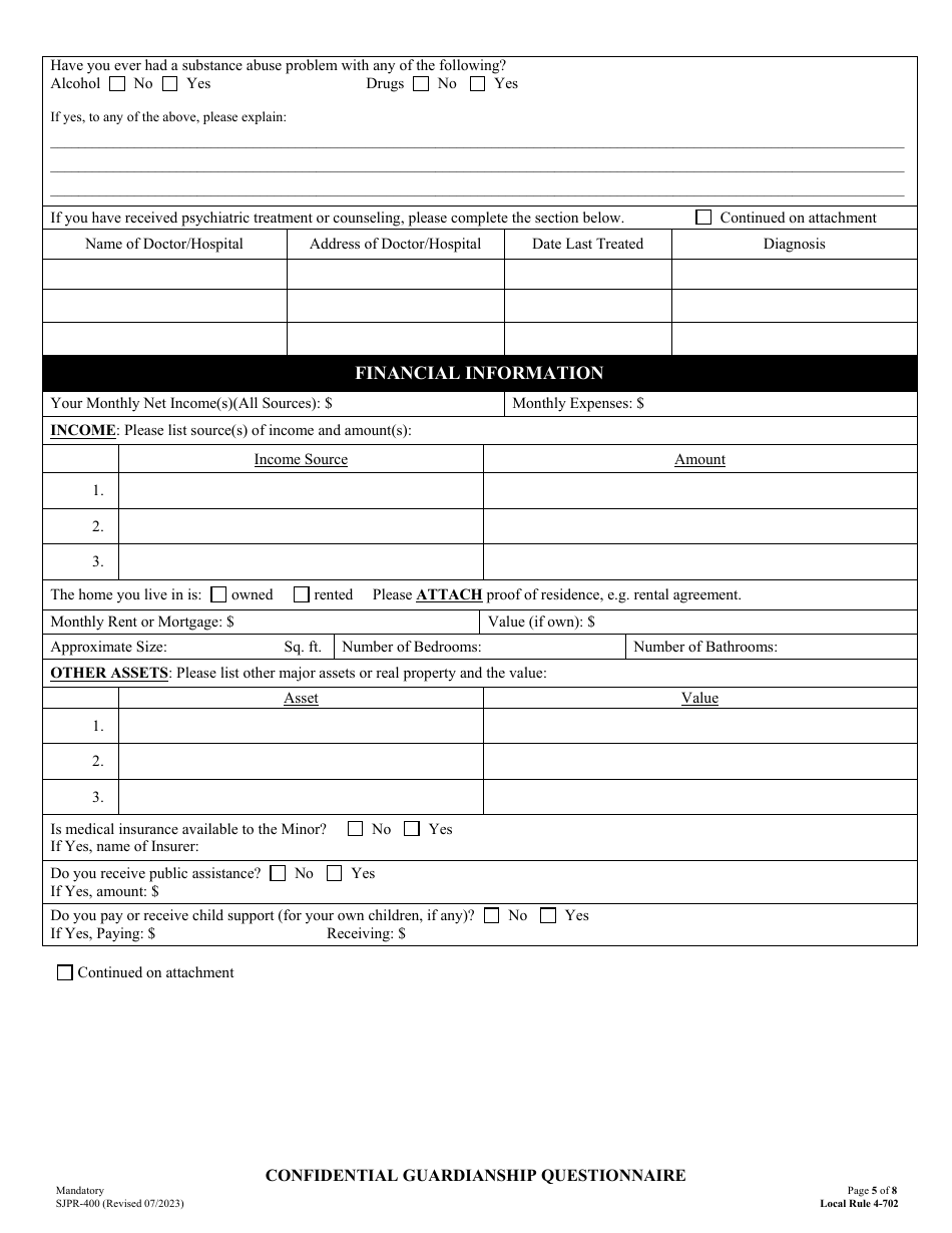 Form SJPR-400 Confidential Guardianship Questionnaire - County of San Joaquin, California, Page 5
