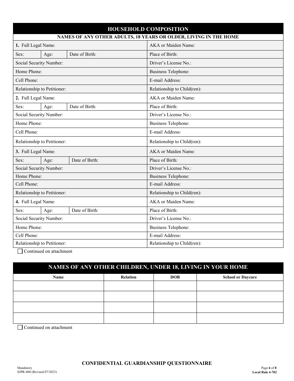 Form SJPR-400 Confidential Guardianship Questionnaire - County of San Joaquin, California, Page 6