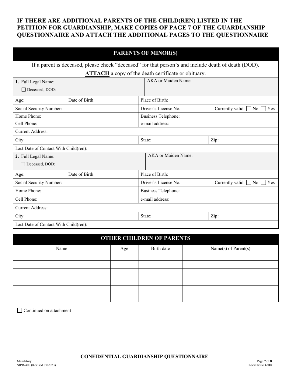 Form SJPR-400 Confidential Guardianship Questionnaire - County of San Joaquin, California, Page 7