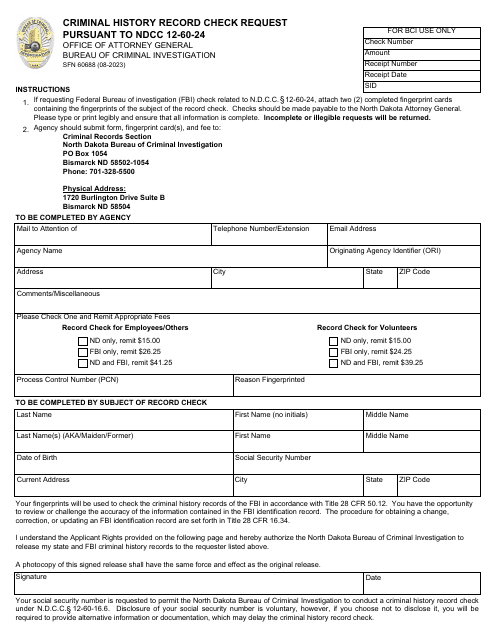 Form SFN60688 Criminal History Record Check Request Pursuant to Ndcc 12-60-24 - North Dakota