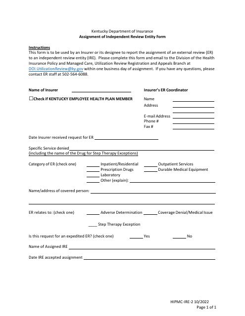 Form HIPMC-IRE-2 Assignment of Independent Review Entity Form - Kentucky