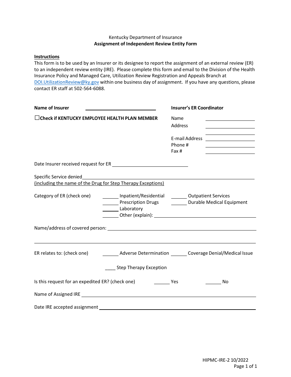 Form HIPMC-IRE-2 Assignment of Independent Review Entity Form - Kentucky, Page 1