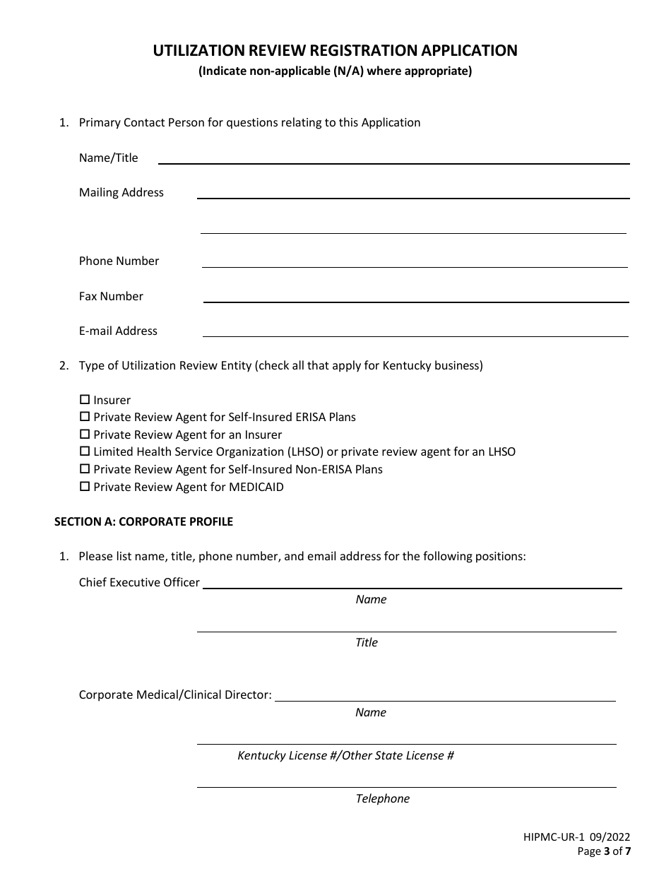 Form HIPMC-UR-1 Utilization Review Registration Application - Kentucky, Page 3
