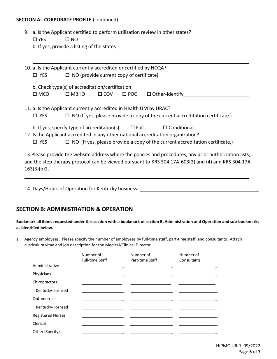 Form HIPMC-UR-1 Utilization Review Registration Application - Kentucky, Page 5