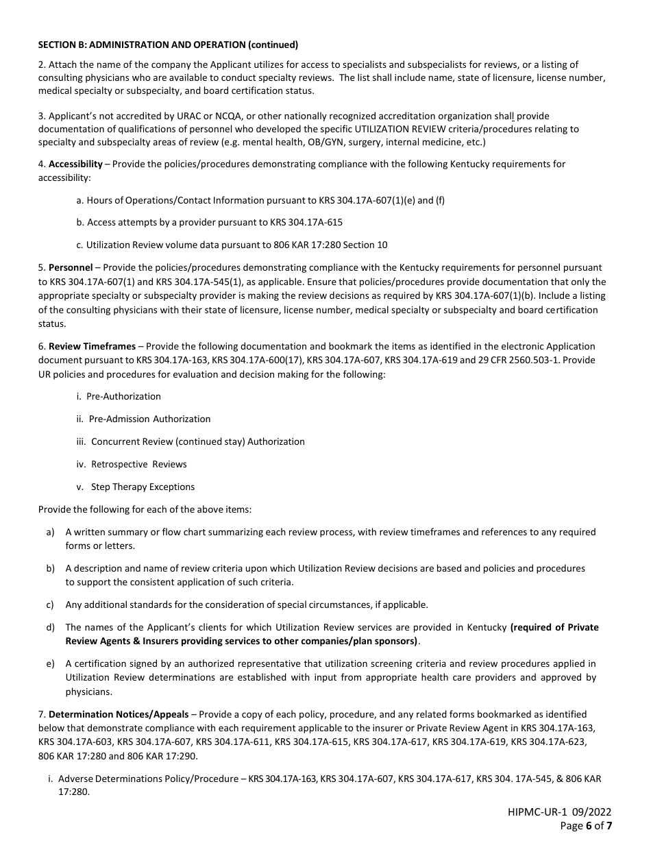 Form HIPMC-UR-1 Utilization Review Registration Application - Kentucky, Page 6
