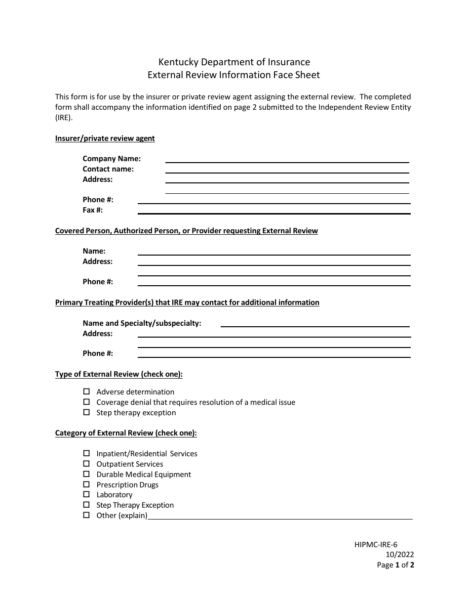 Form HIPMC-IRE-6 External Review Information Face Sheet - Kentucky, Page 1