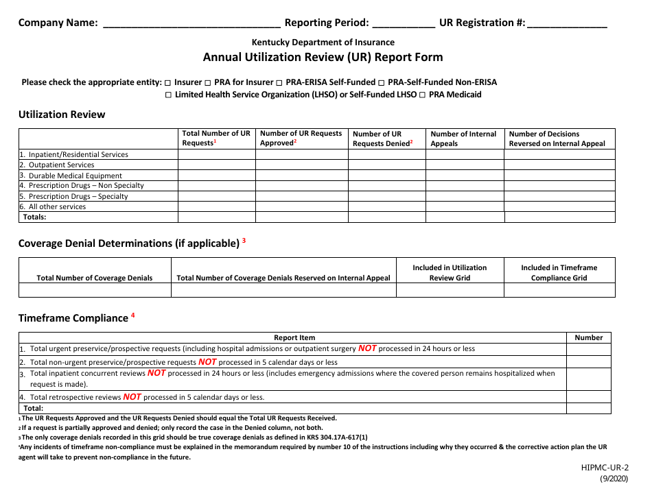 Form HIPMC-UR-2 Annual Utilization Review (Ur) Report Form - Kentucky, Page 1