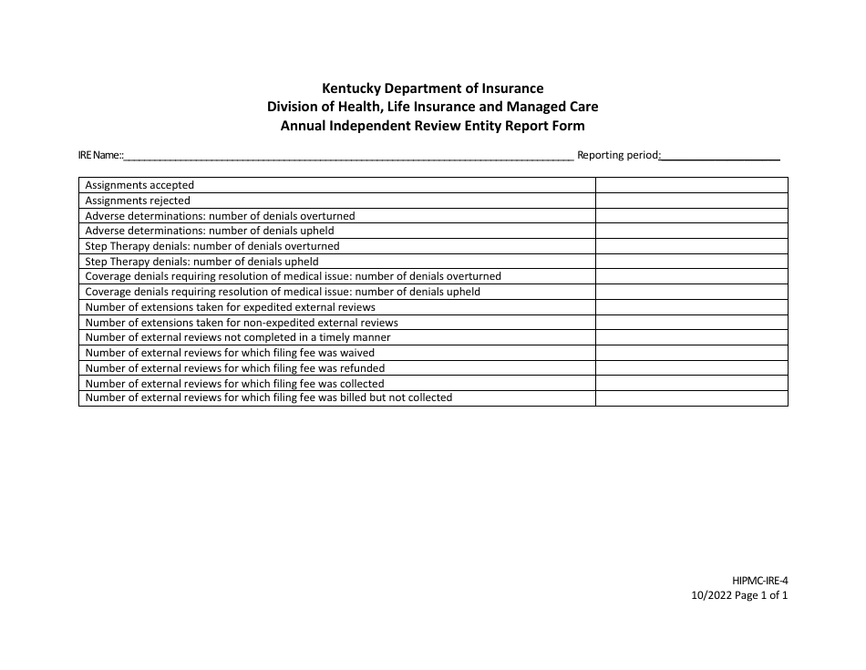 Form HIPMC-IRE-4 Annual Independent Review Entity Report Form - Kentucky, Page 1
