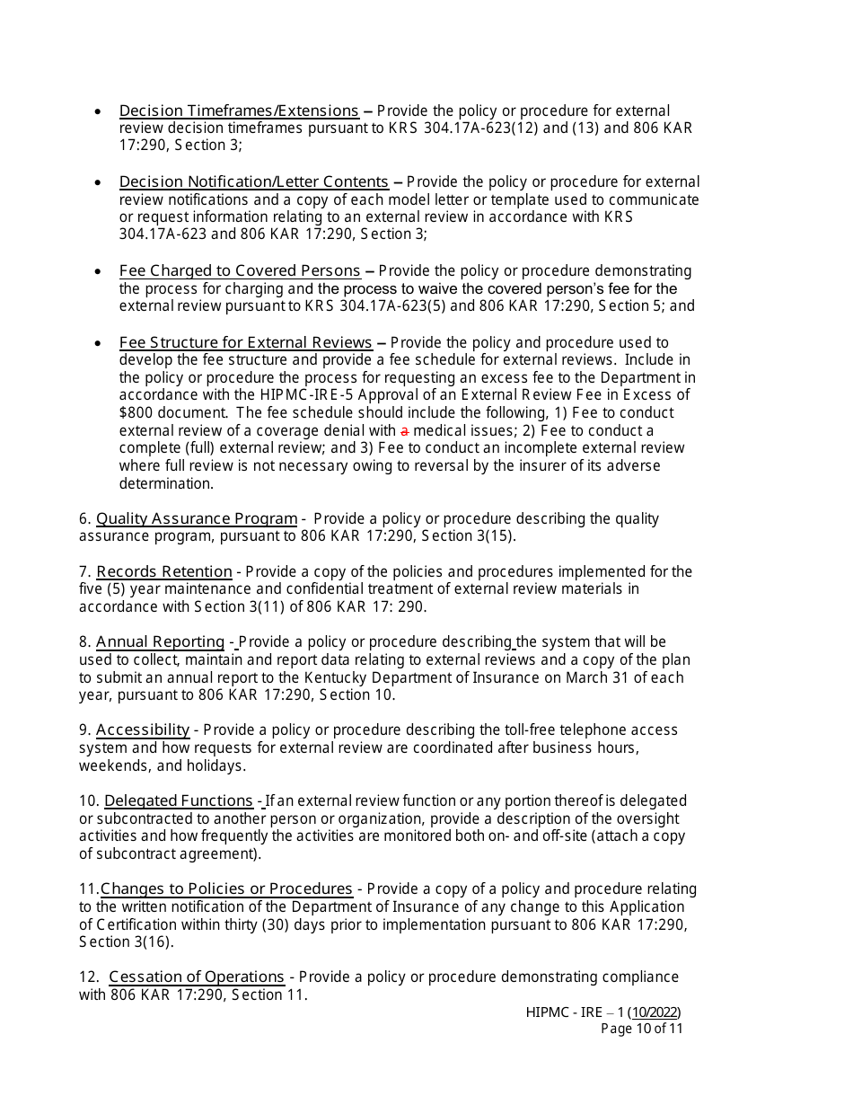 Form HIPMC-IRE-1 Application for Certification of an Independent Review Entity - Kentucky, Page 10
