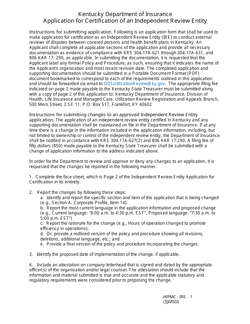 Form HIPMC-IRE-1 Application for Certification of an Independent Review Entity - Kentucky, Page 1