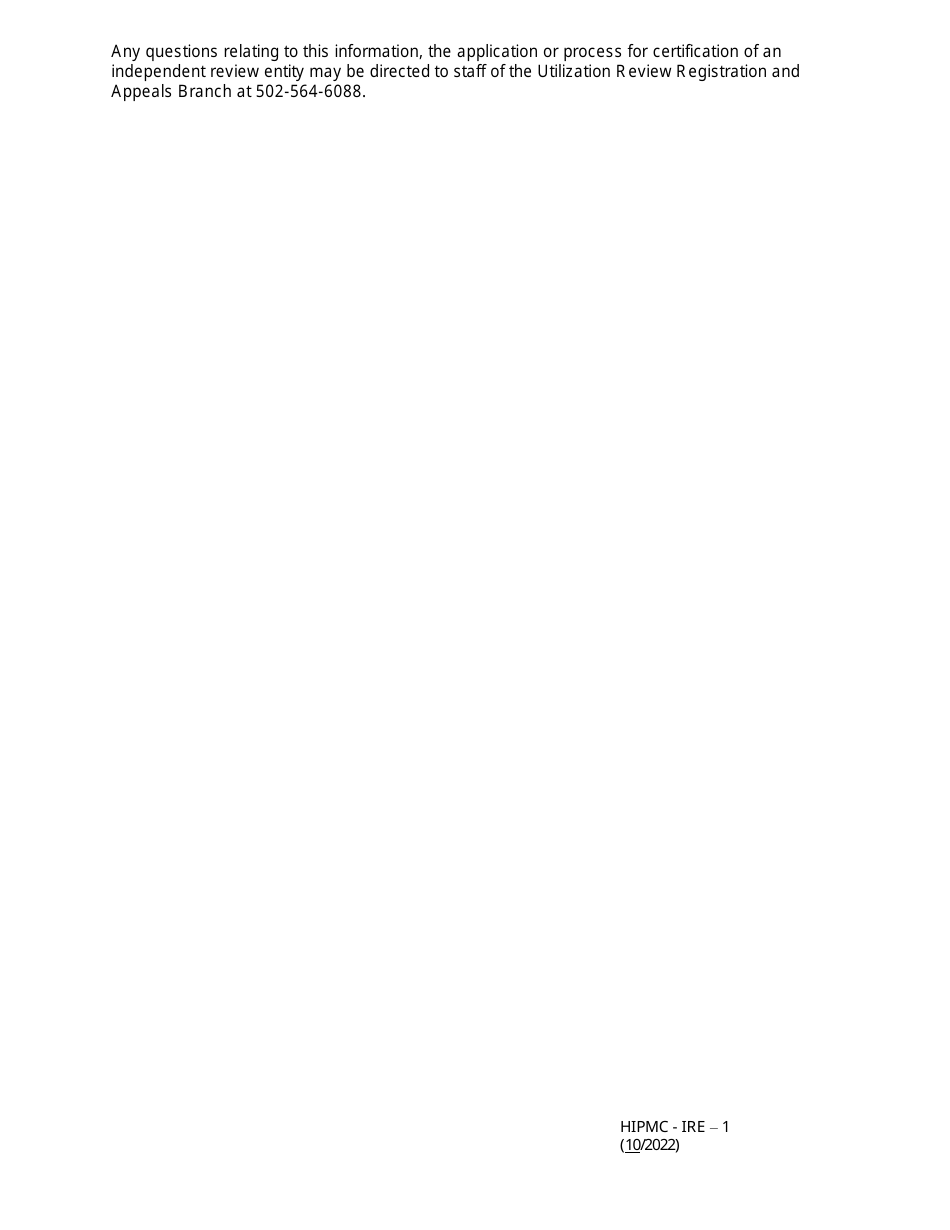 Form HIPMC-IRE-1 Application for Certification of an Independent Review Entity - Kentucky, Page 2