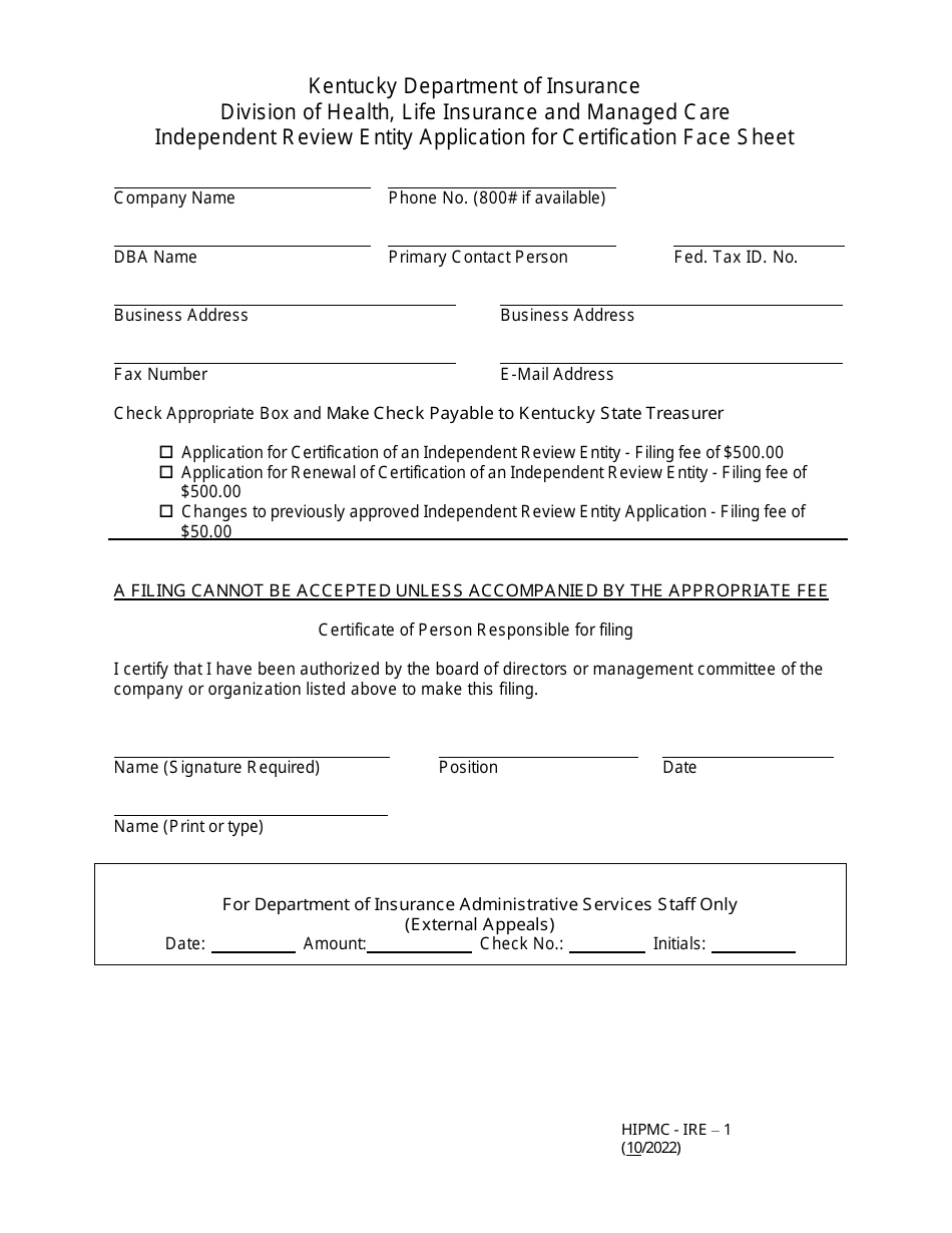 Form HIPMC-IRE-1 Application for Certification of an Independent Review Entity - Kentucky, Page 3