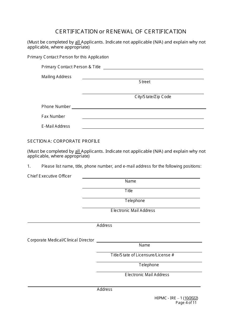 Form HIPMC-IRE-1 Application for Certification of an Independent Review Entity - Kentucky, Page 4